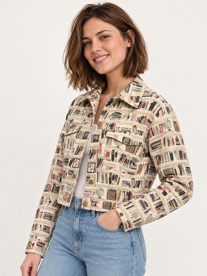 Model wearing Bookshelf Print Jacket, 45-degree view