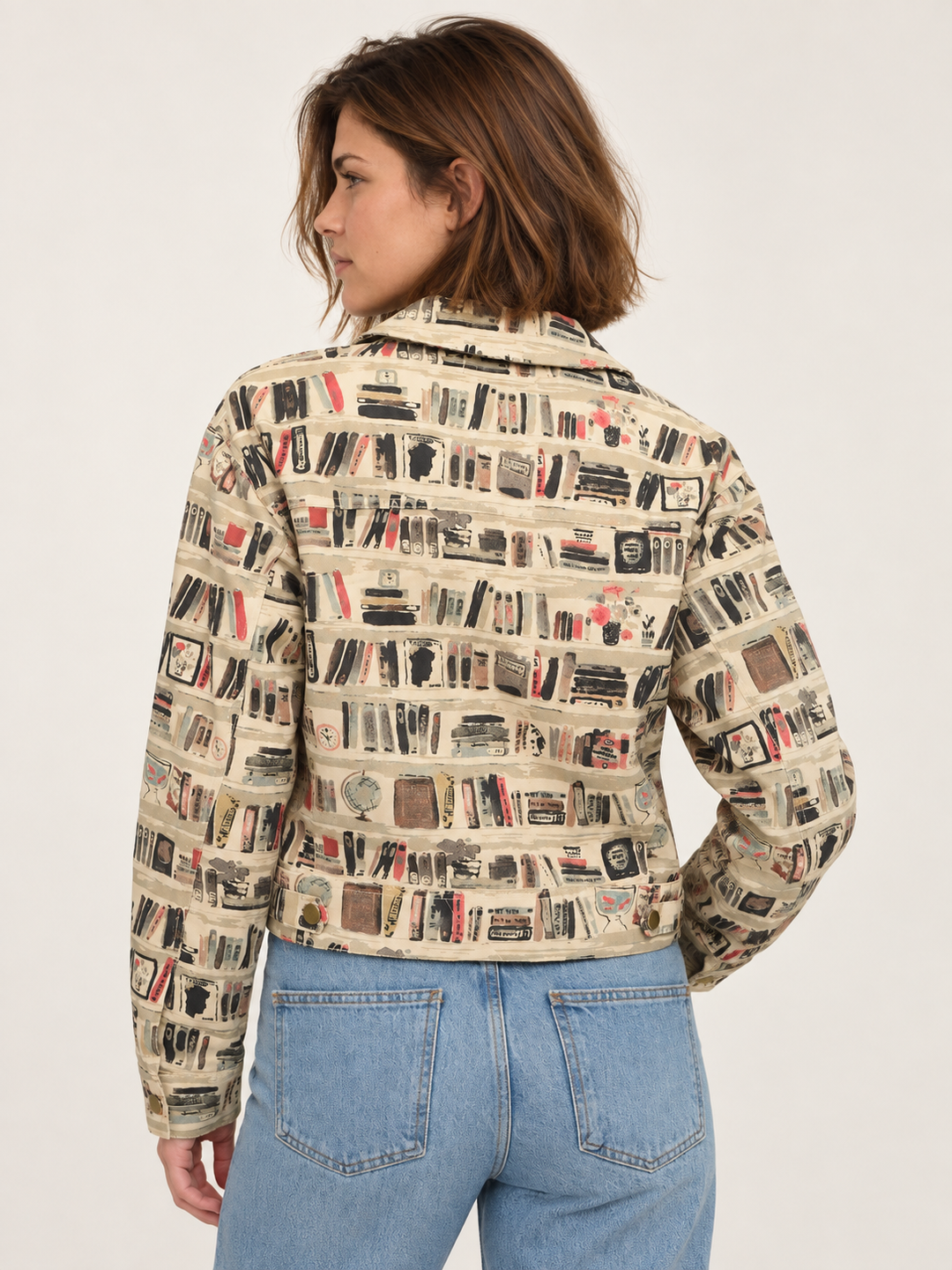 Model wearing Bookshelf Print Jacket, back view