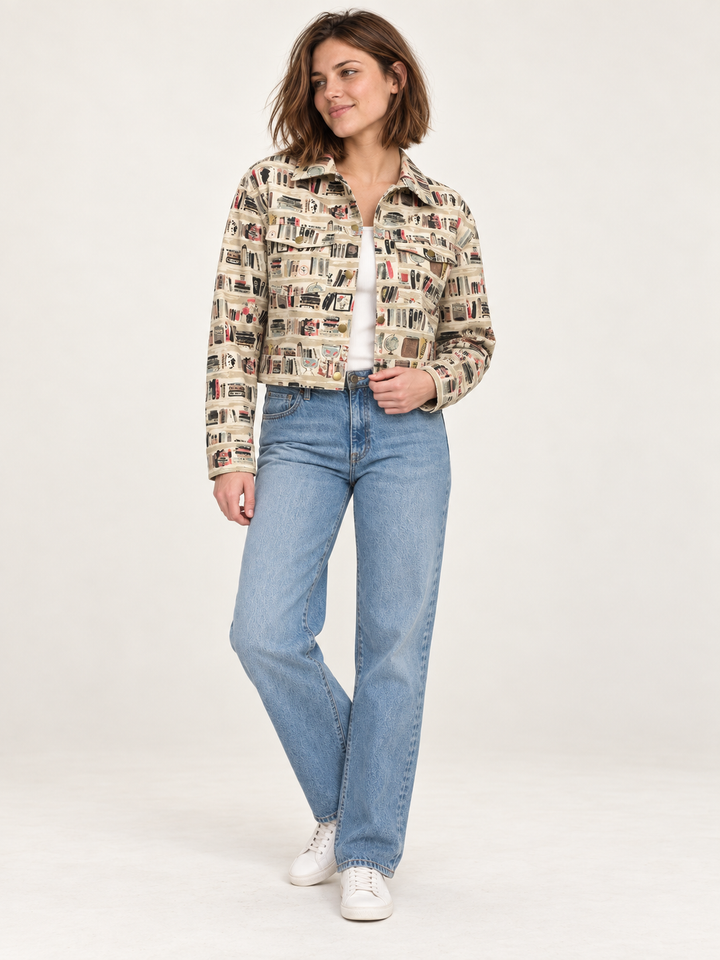 Model wearing Bookshelf Print Jacket, full-body front view