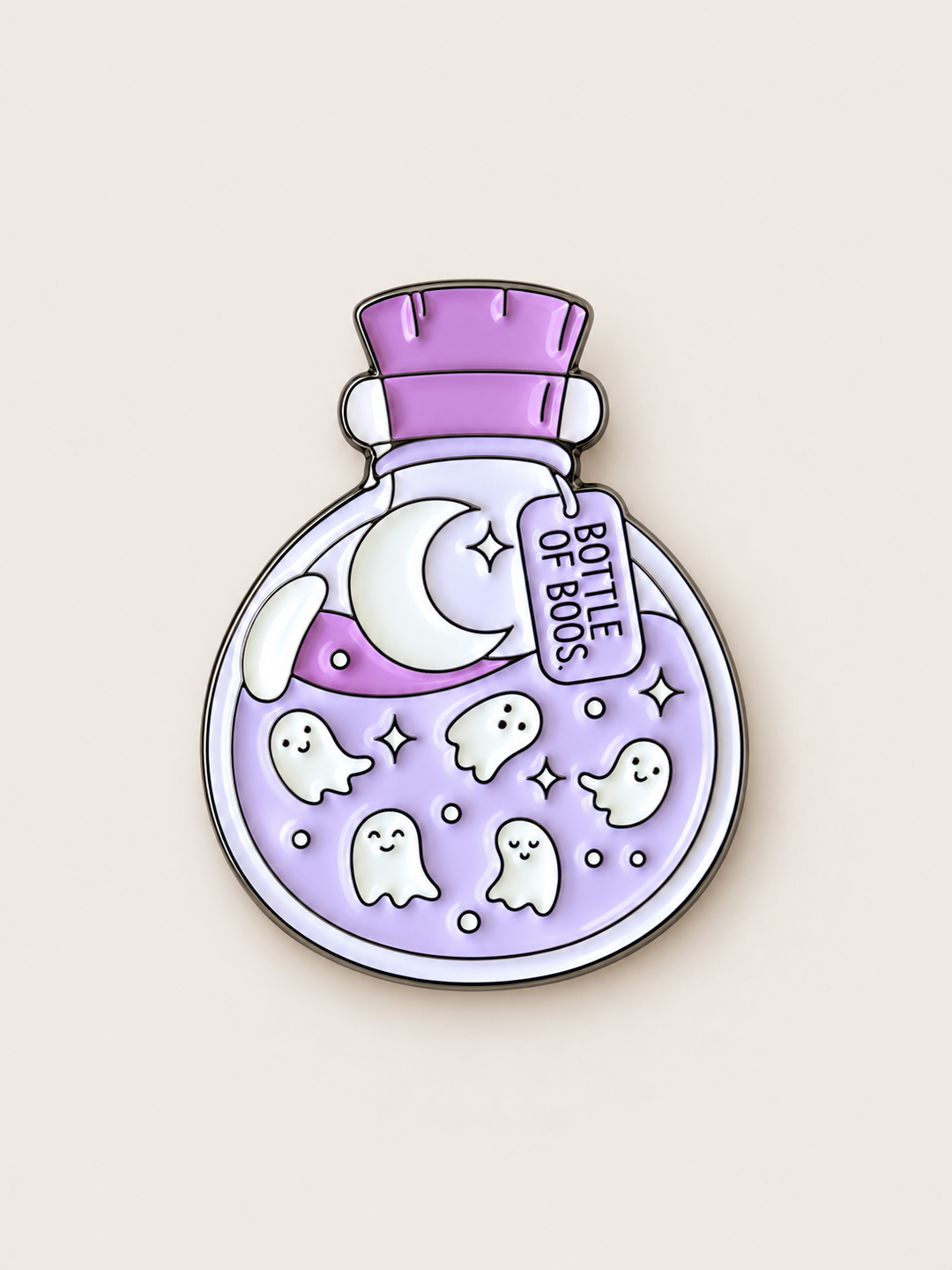 Bottle of Boos Ghost Potion Pin shown on a warm neutral background