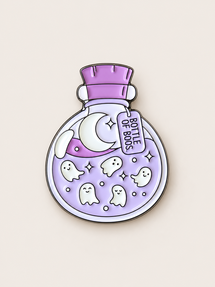 Bottle of Boos Ghost Potion Pin shown on a warm neutral background
