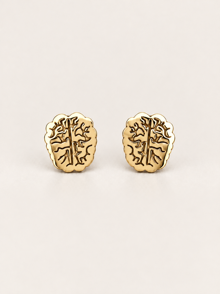 Gold Brain Stud Earrings shown on a warm neutral background