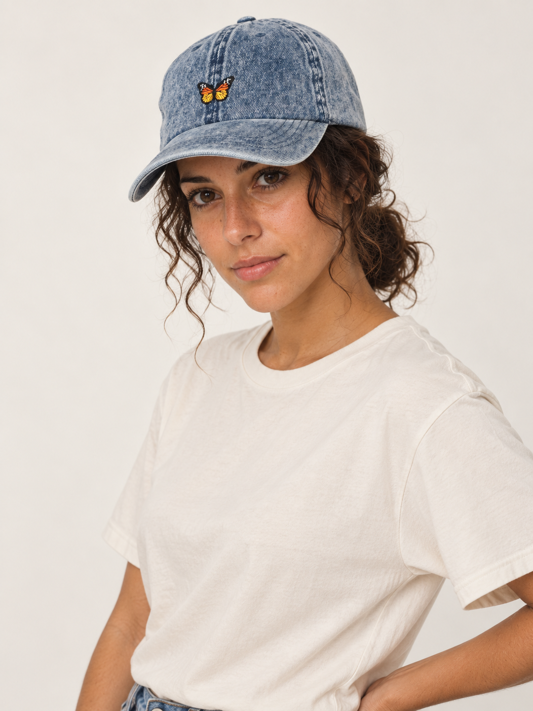 Model wearing Butterfly Hat Washed Denim