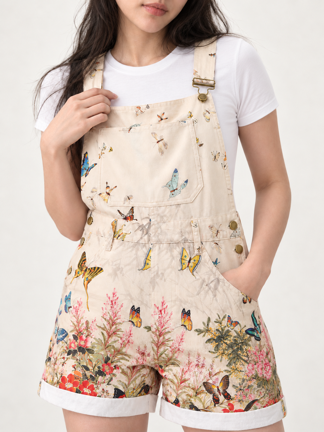 Butterfly Short Overalls Cream — pattern detail