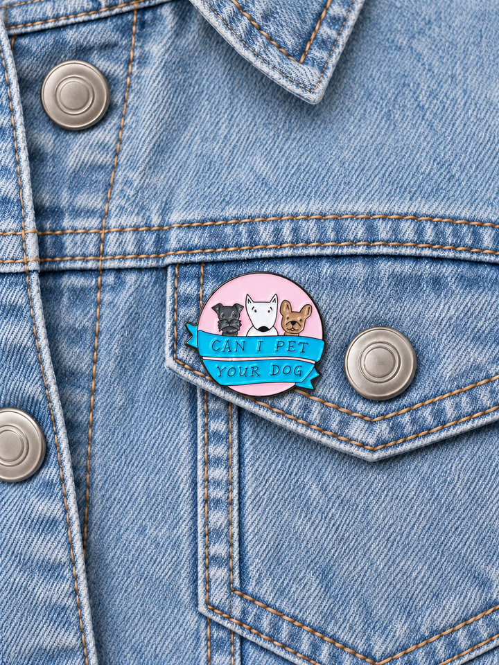 Can I Pet Your Dog Pin displayed on a light-wash denim jacket beside a metal button