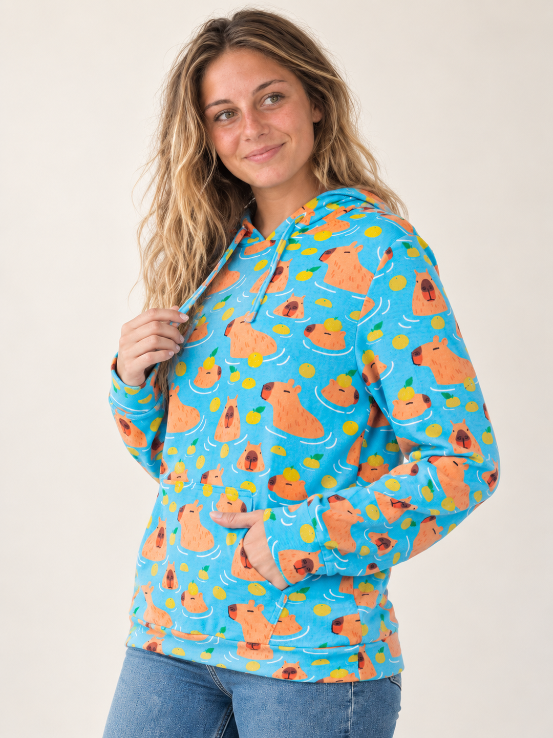 Capybara Hoodie angled view on model