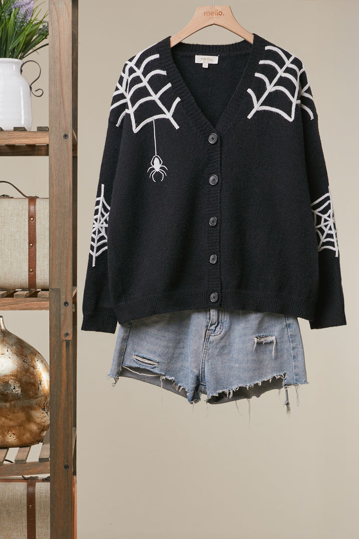 Halloween Cardigan Spider Applique White Webbing