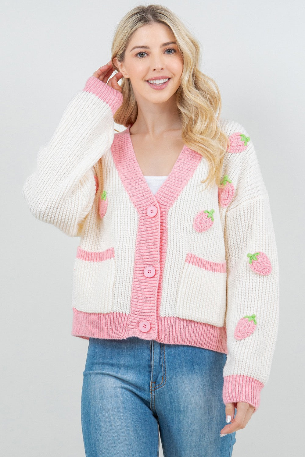 Strawberry Button Up Cardigan Pink