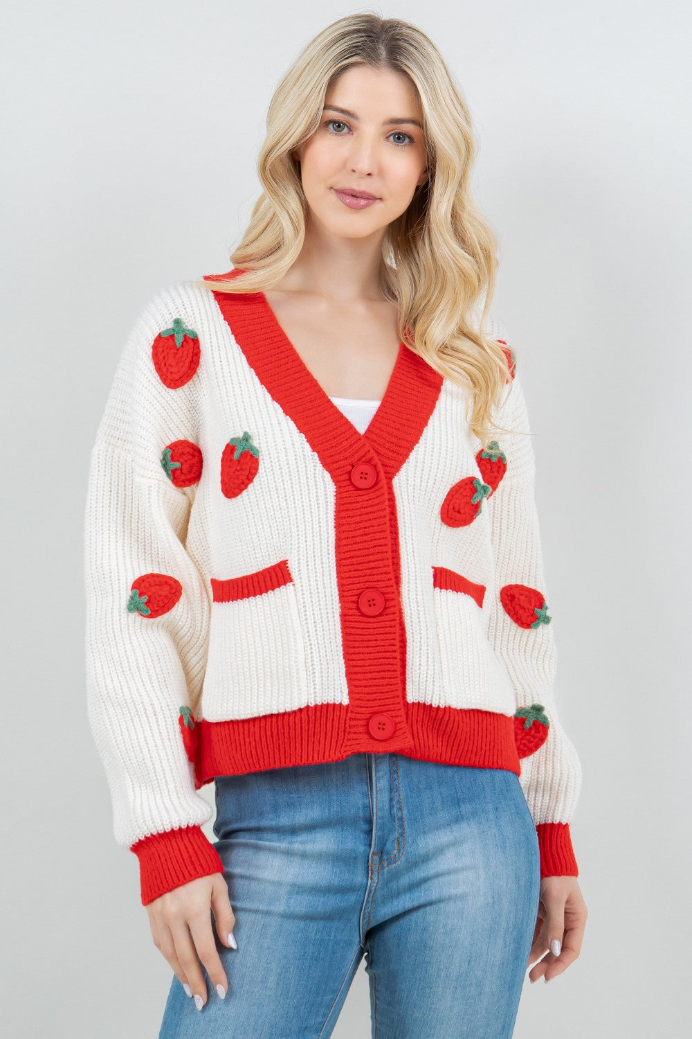Strawberry Button Up Cardigan Red