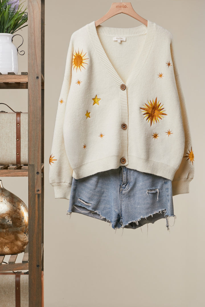 Embroidered Sunburst and Star Cardigan Ivory