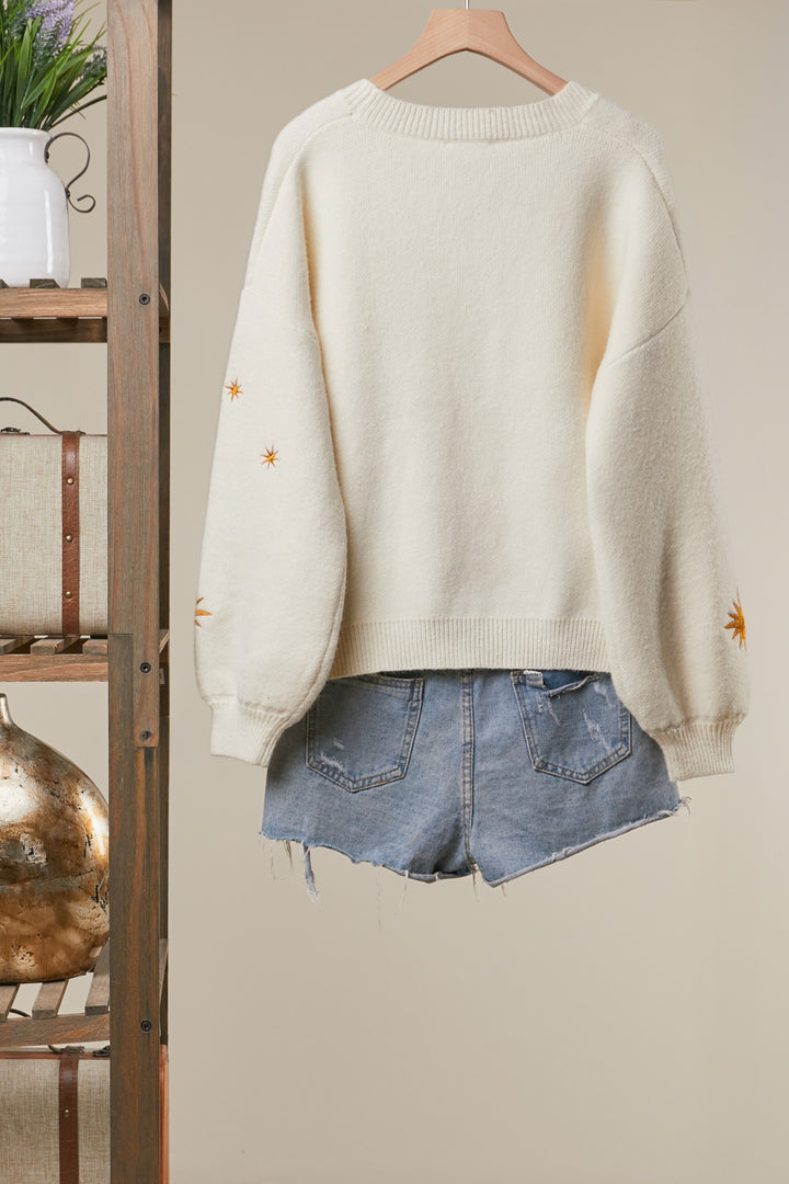 Embroidered Sunburst and Star Cardigan Ivory
