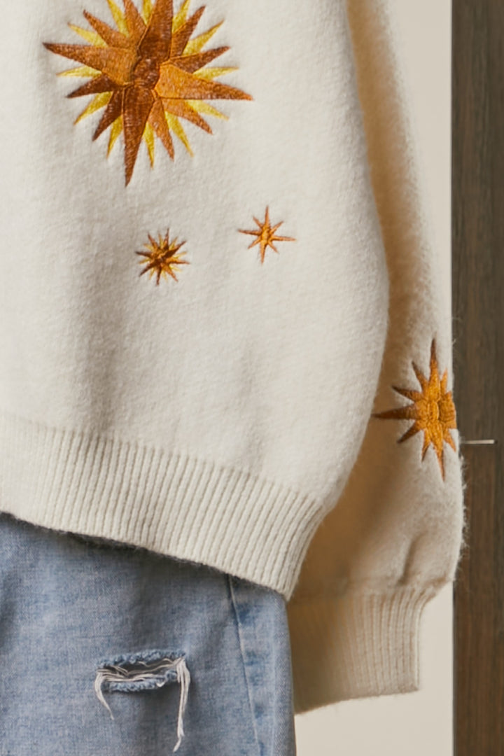 Embroidered Sunburst and Star Cardigan Ivory