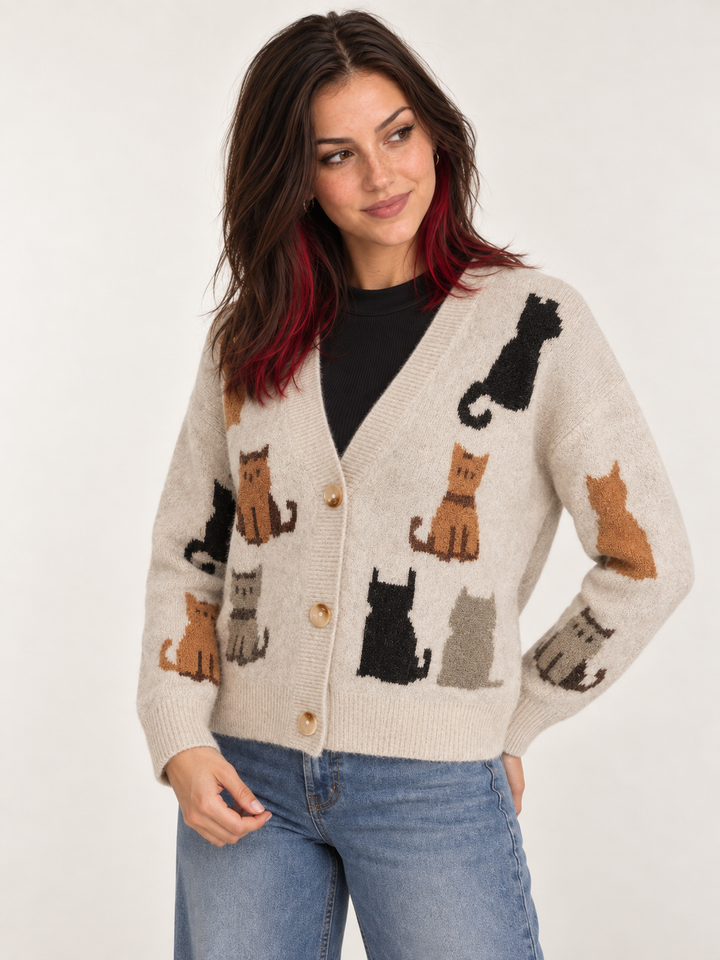 Cat Cardigan Taupe three-quarter view on model