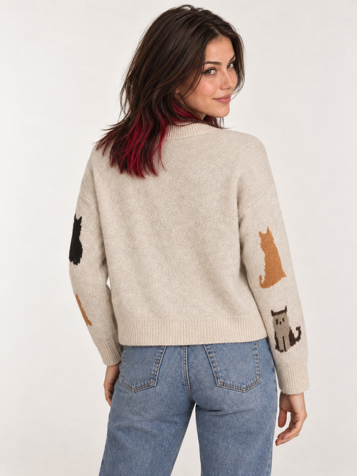 Cat Cardigan Taupe back view on model