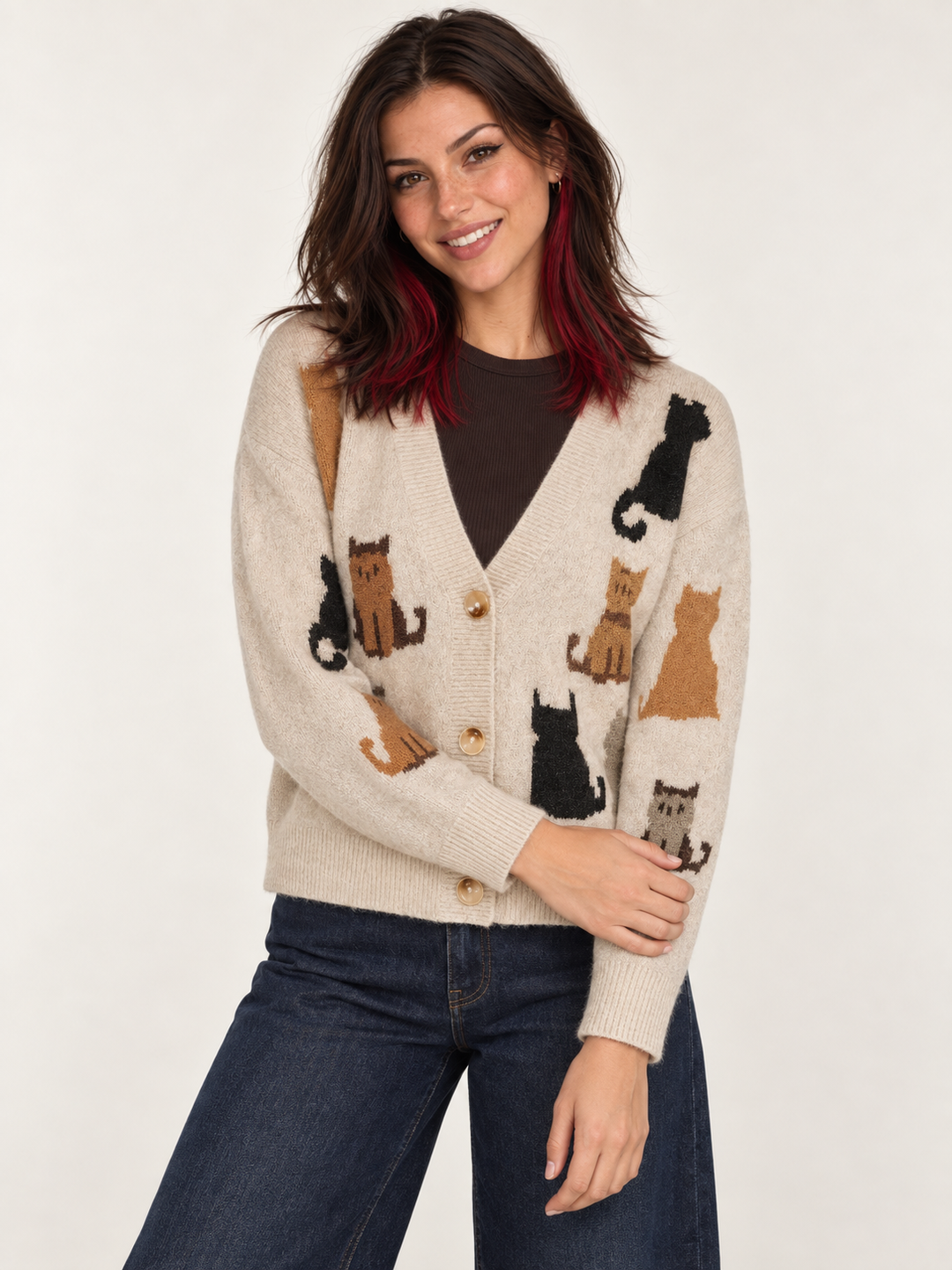 Cat Cardigan Taupe front view on model
