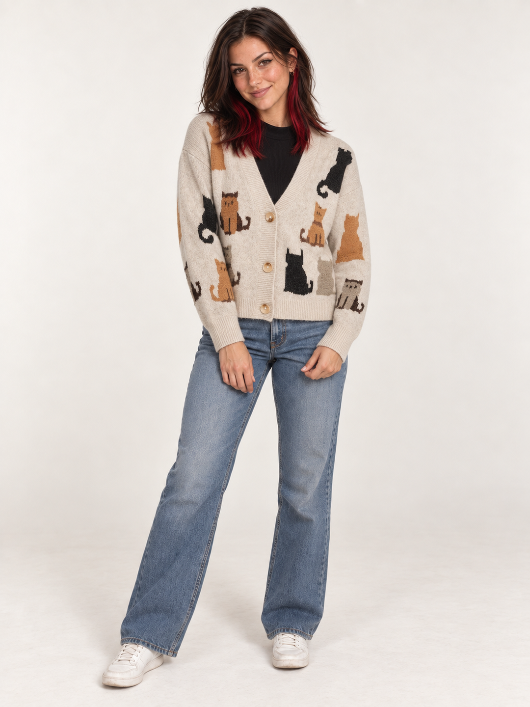 Cat Cardigan Taupe full-body view on model