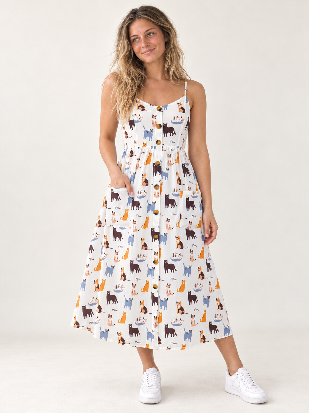 Cat Faux Button Down Dress full-body front view