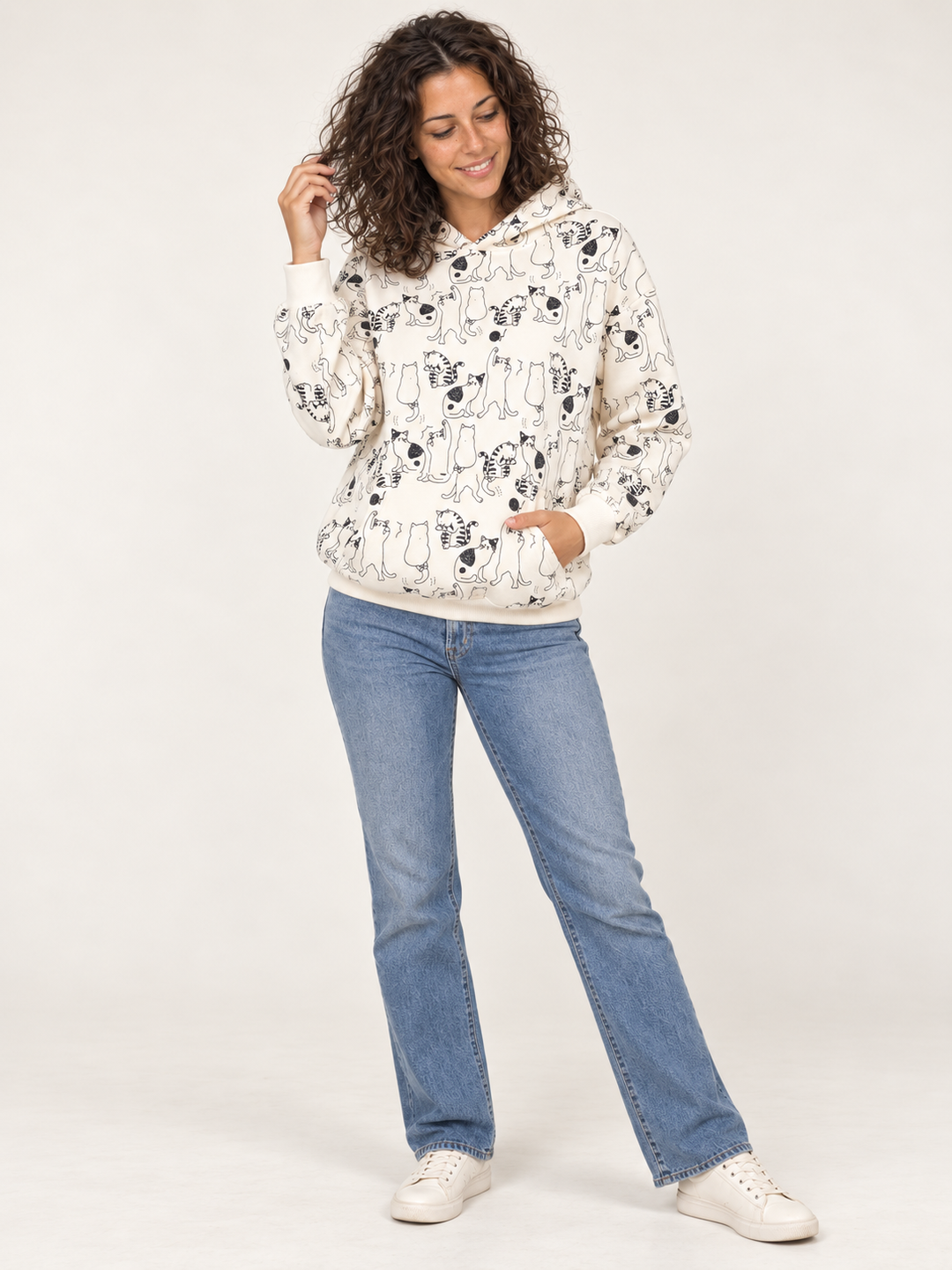 Cat Hoodie Cream full-body view on model