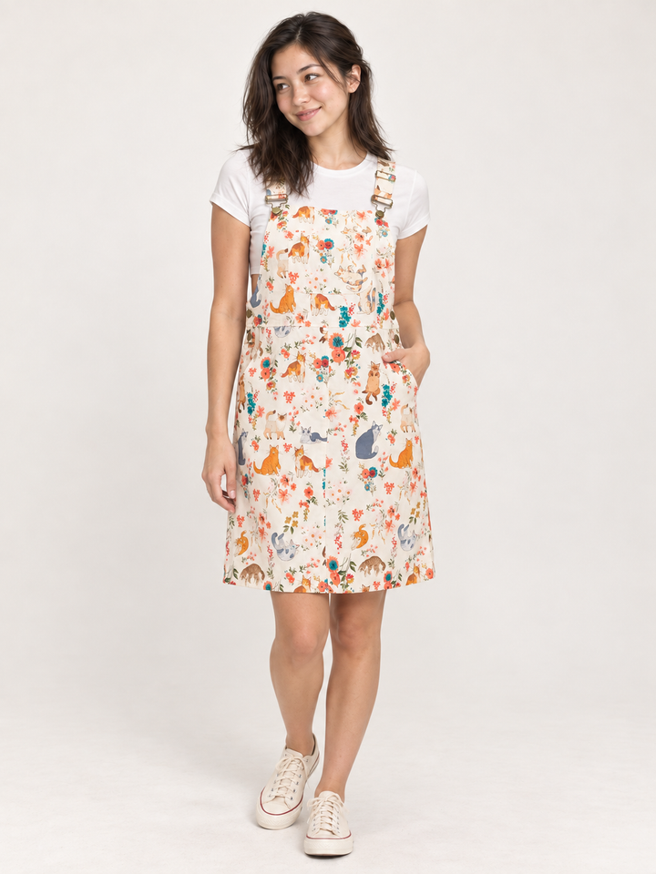 Cat Overall Dress Cream – full-body front view