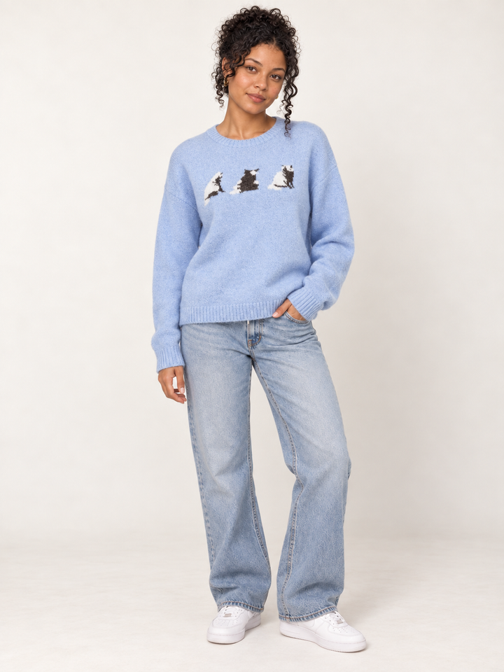 Model wearing Cat Sweater Blue, full-body view