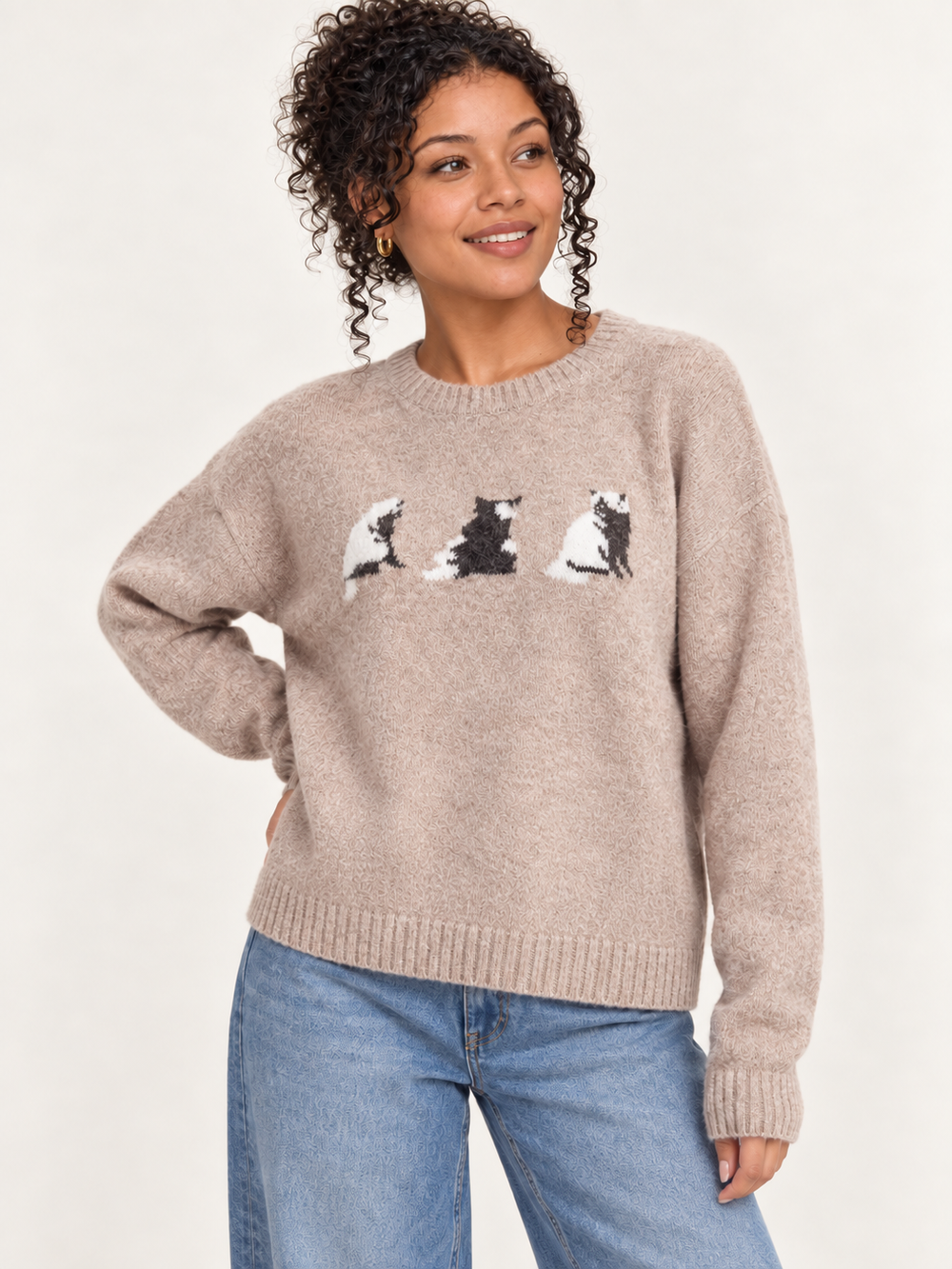 Model wearing Cat Sweater Mocha, 45-degree view