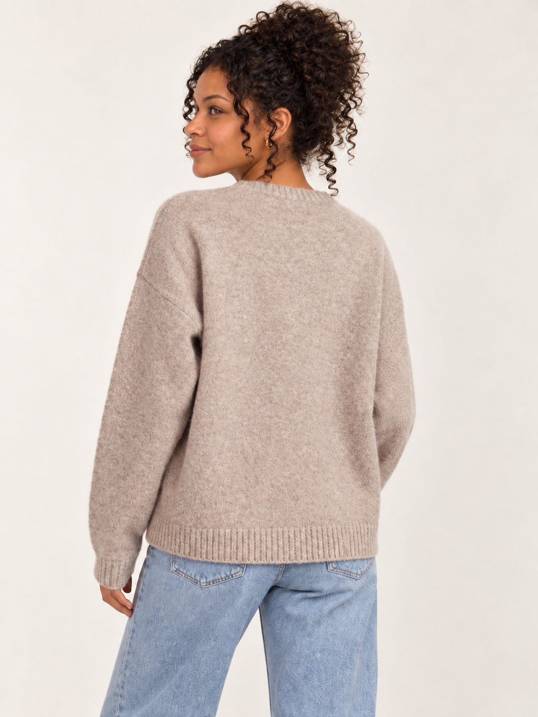 Model wearing Cat Sweater Mocha, back view