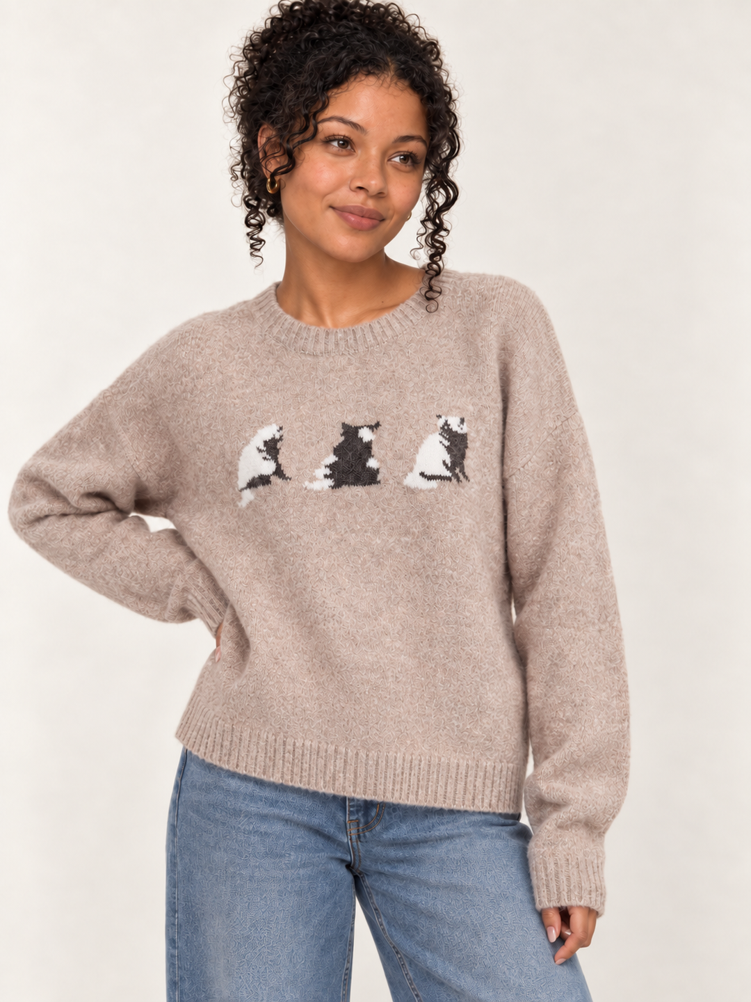 Model wearing Cat Sweater Mocha, front view