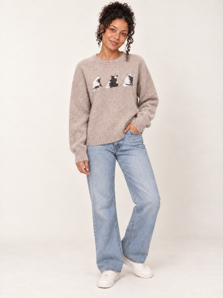 Model wearing Cat Sweater Mocha, full-body front view