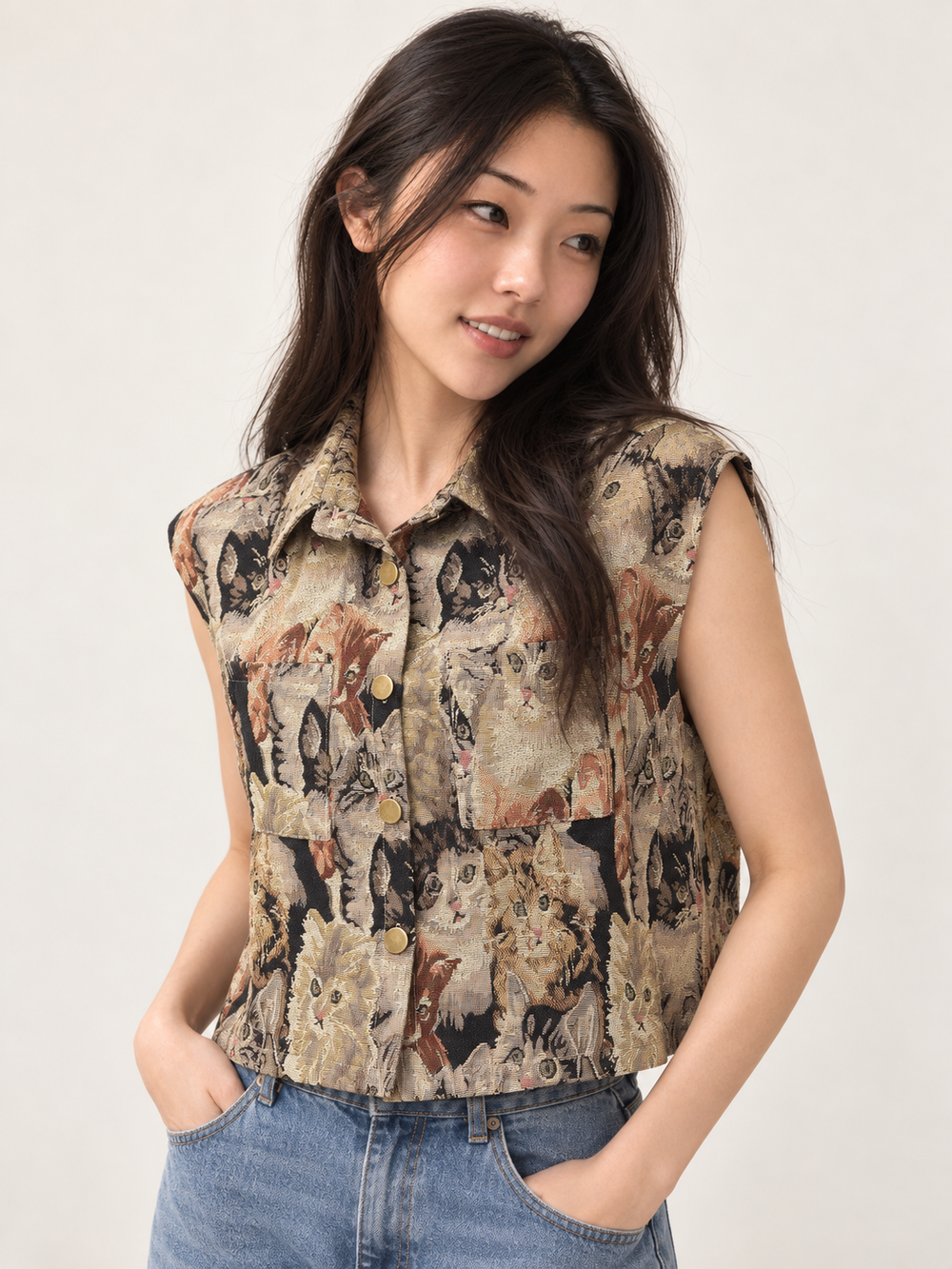 Model wearing Cat Tapestry Buttoned Vest, angled view