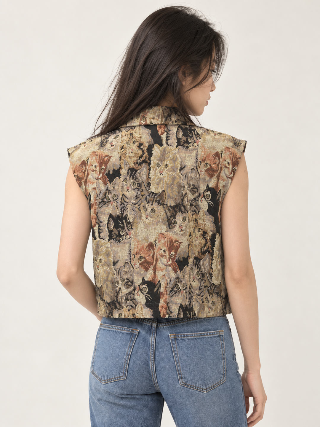 Model wearing Cat Tapestry Buttoned Vest, back view