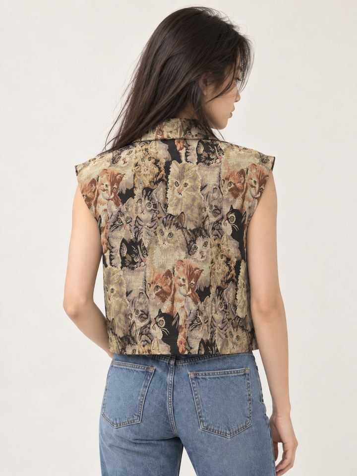 Model wearing Cat Tapestry Buttoned Vest, back view