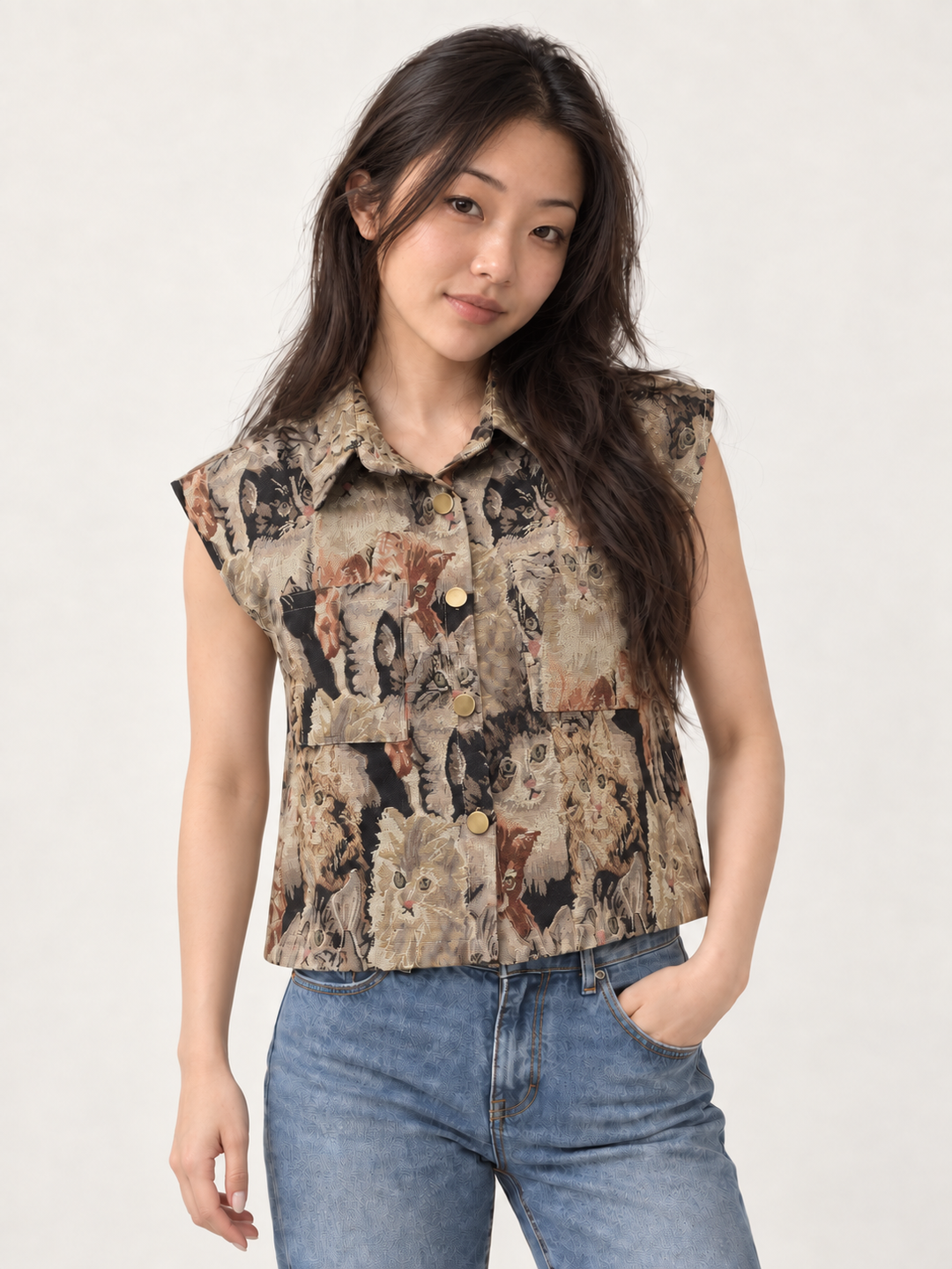 Model wearing Cat Tapestry Buttoned Vest, front view