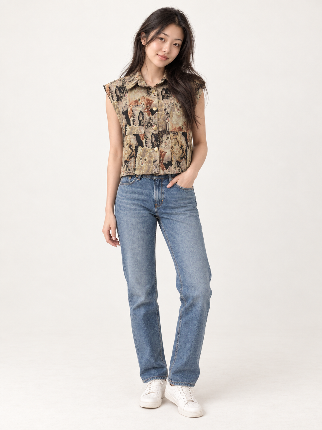 Model wearing Cat Tapestry Buttoned Vest, full-body view
