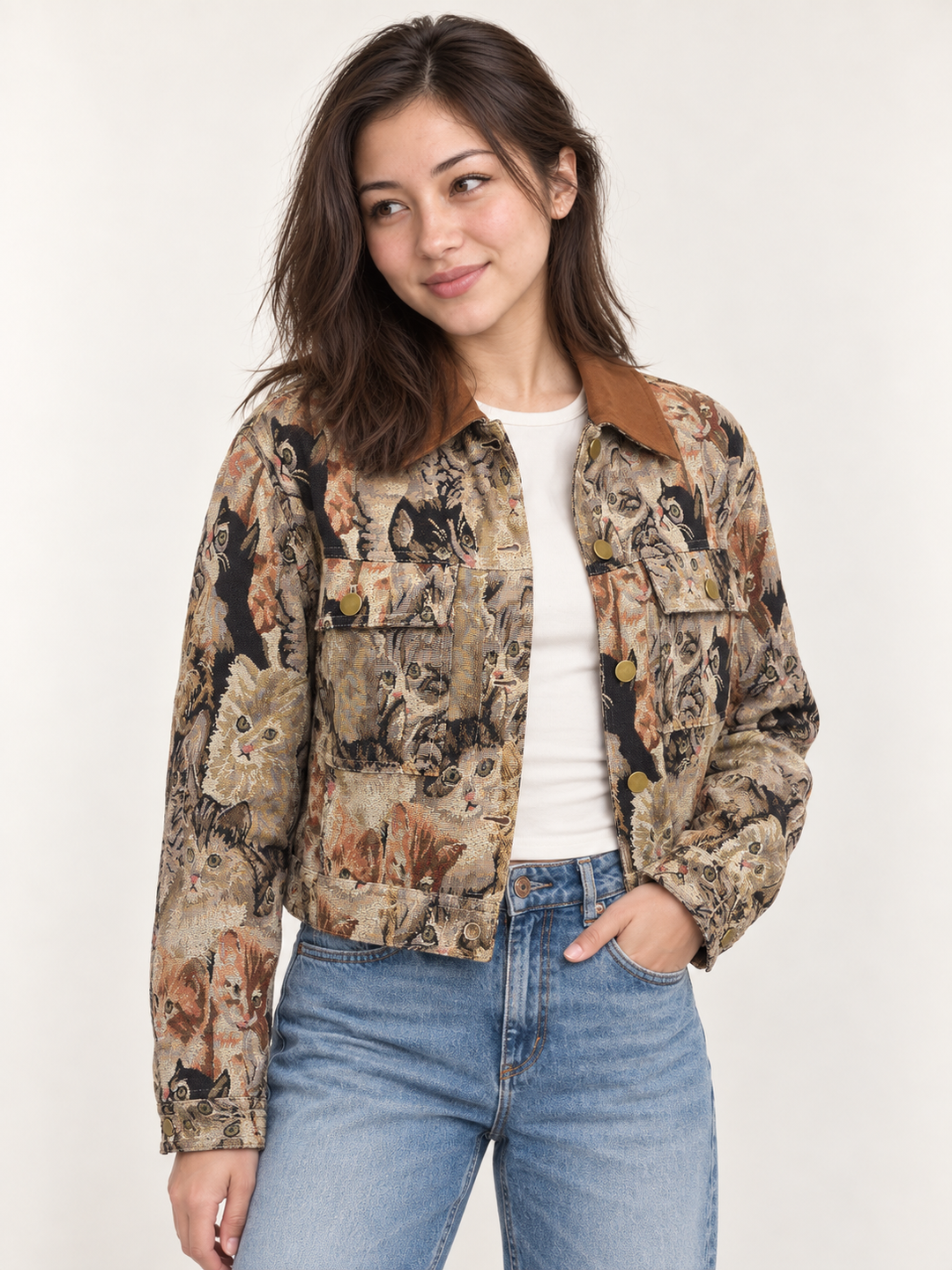 Model wearing Cat Tapestry Jacket angled view