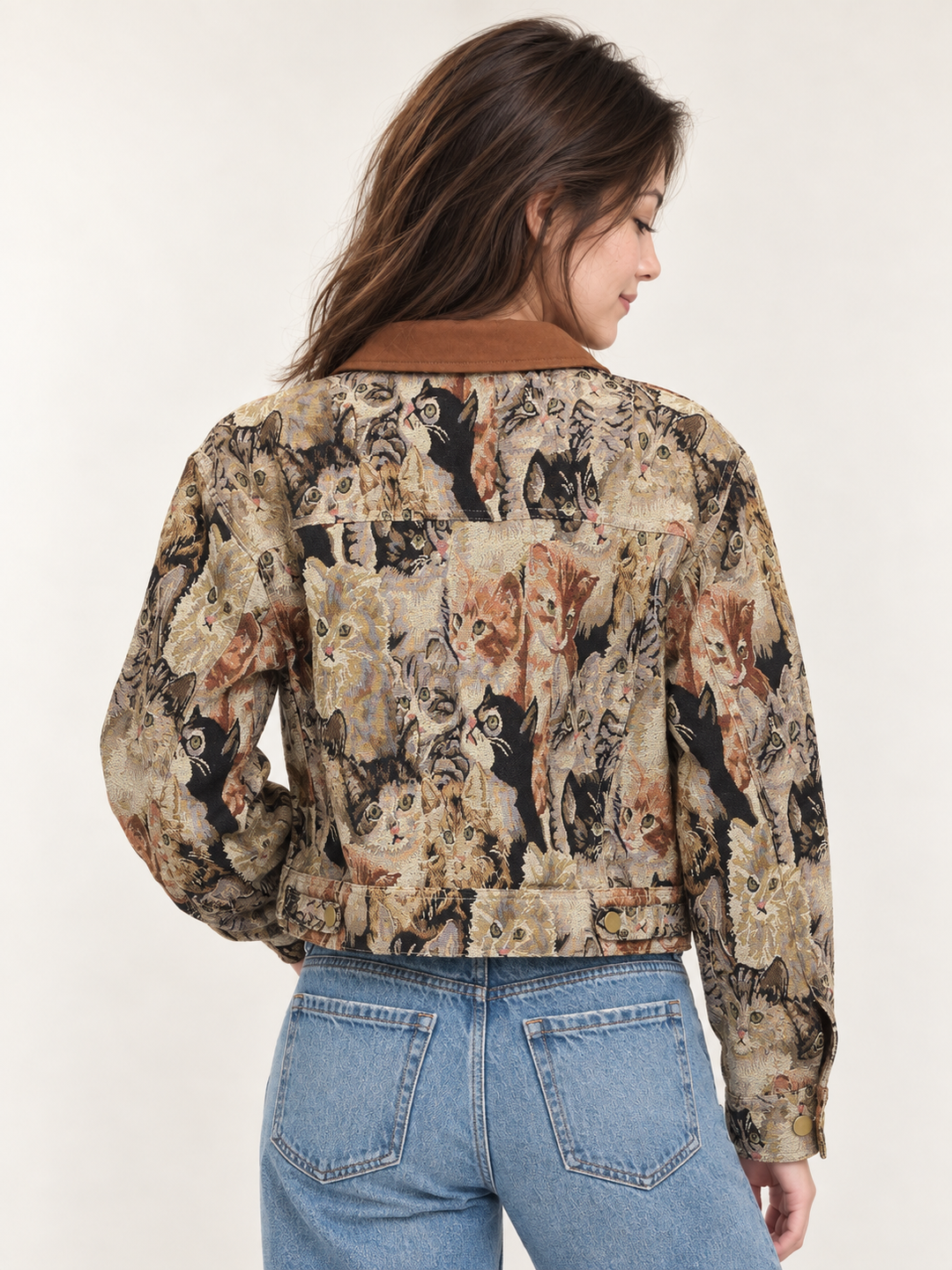 Model wearing Cat Tapestry Jacket back view
