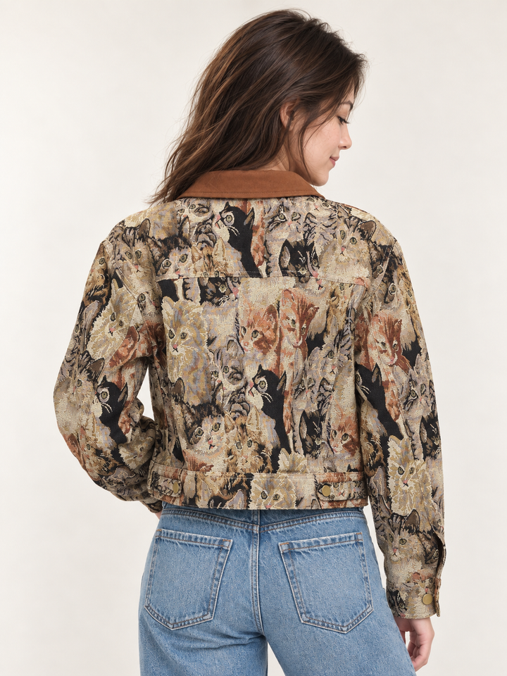 Model wearing Cat Tapestry Jacket back view