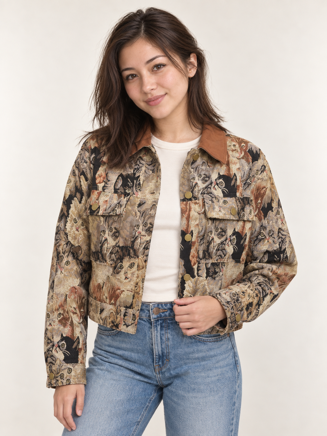 Model wearing Cat Tapestry Jacket front view
