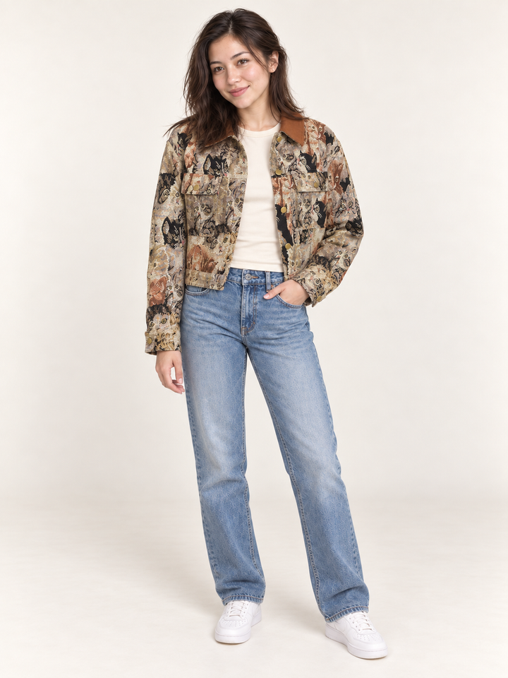 Model wearing Cat Tapestry Jacket full body view
