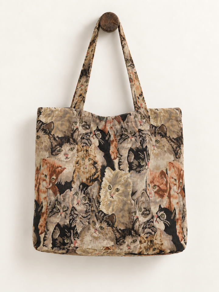 Cat tapestry tote bag hanging from wooden peg