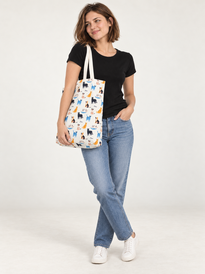 Model wearing the cat tote bag over her shoulder
