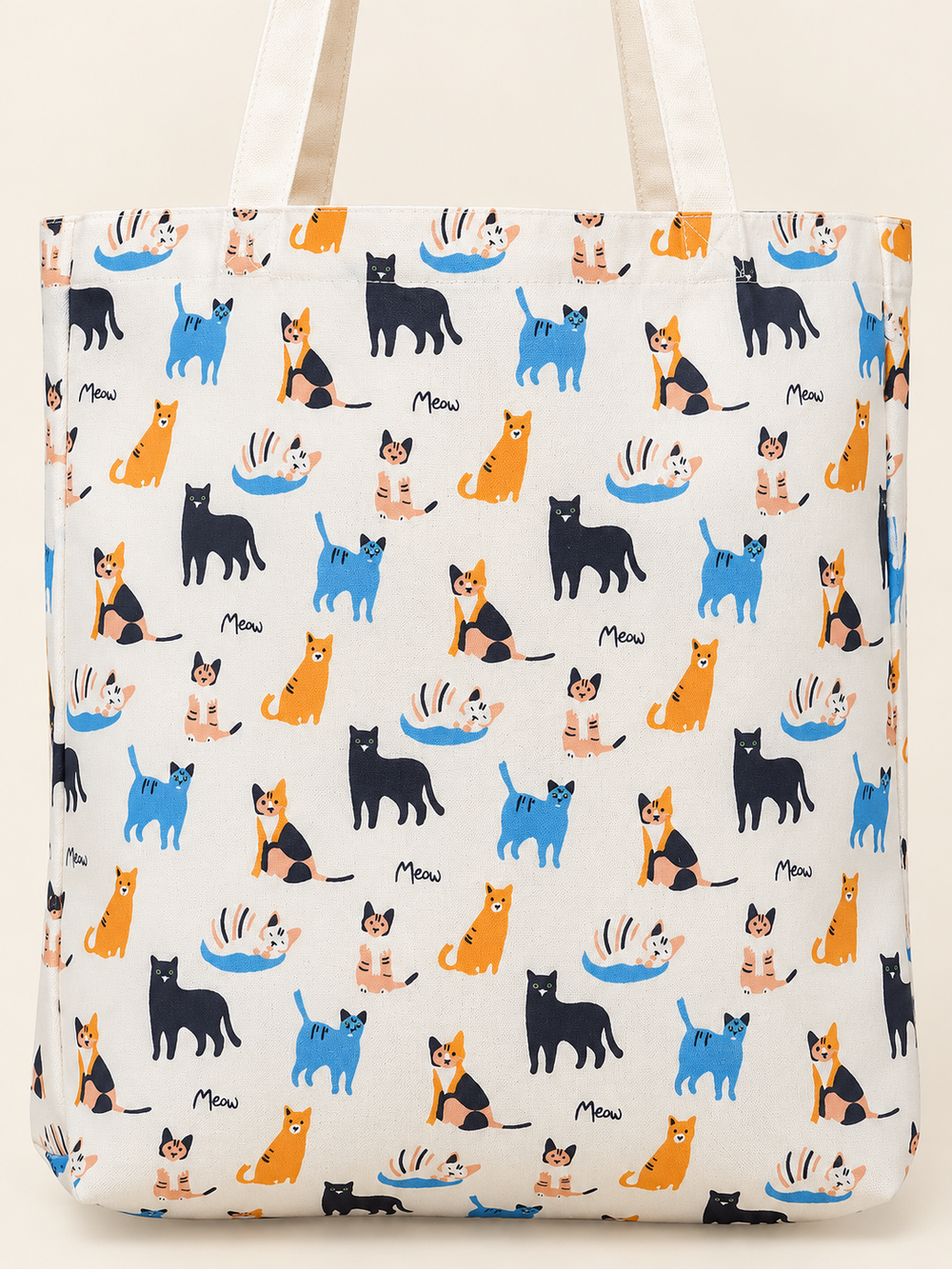 Close-up of the cat print on the tote bag