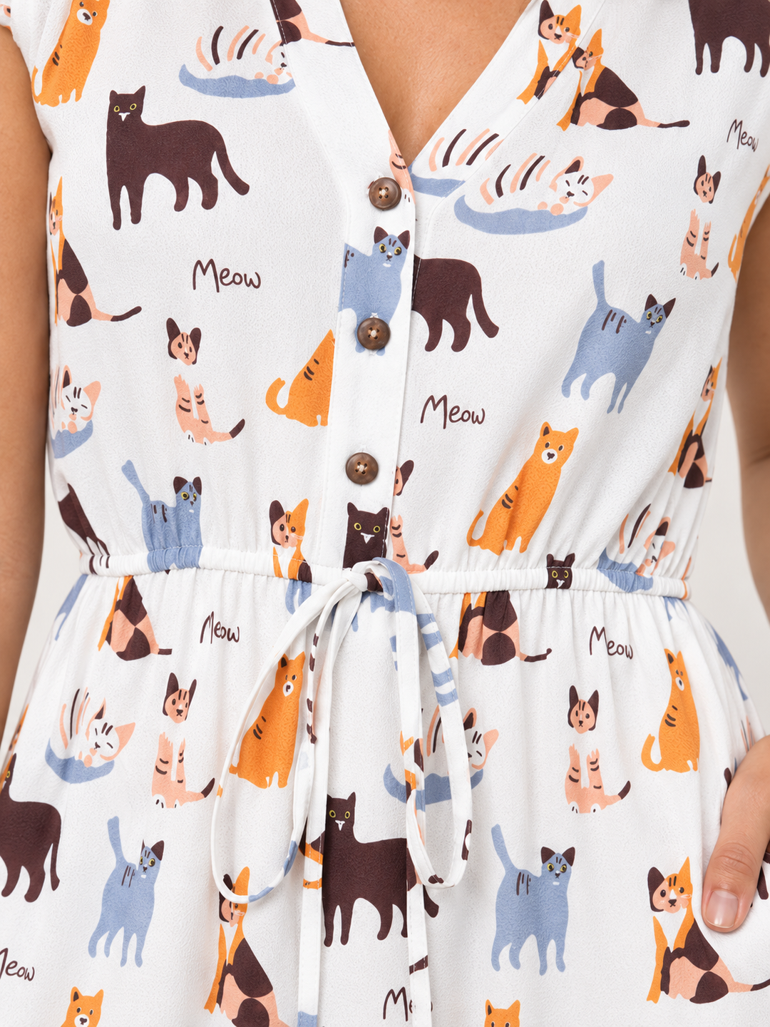 Cat V-neck Dress fabric and print detail