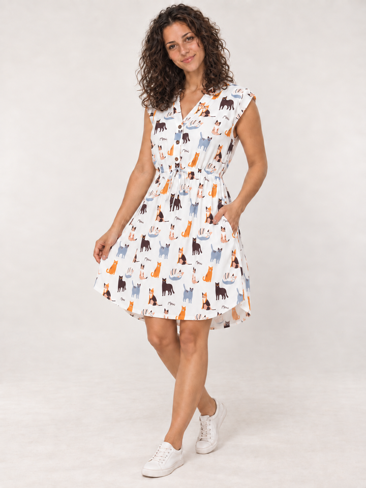 Cat V-neck Dress 45-degree view on model