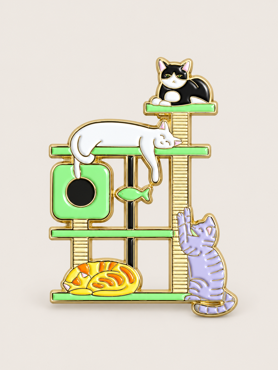 Cats on Cat Tree Pin shown on a warm neutral background
