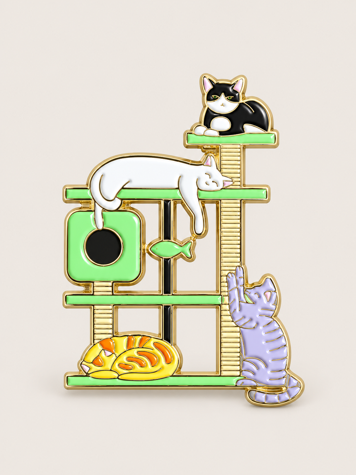 Cats on Cat Tree Pin shown on a warm neutral background