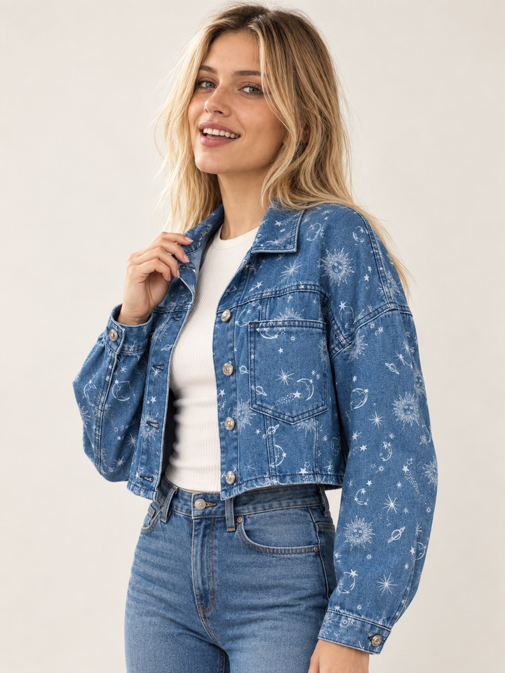 Celestial Denim Crop Jacket three-quarter view on model