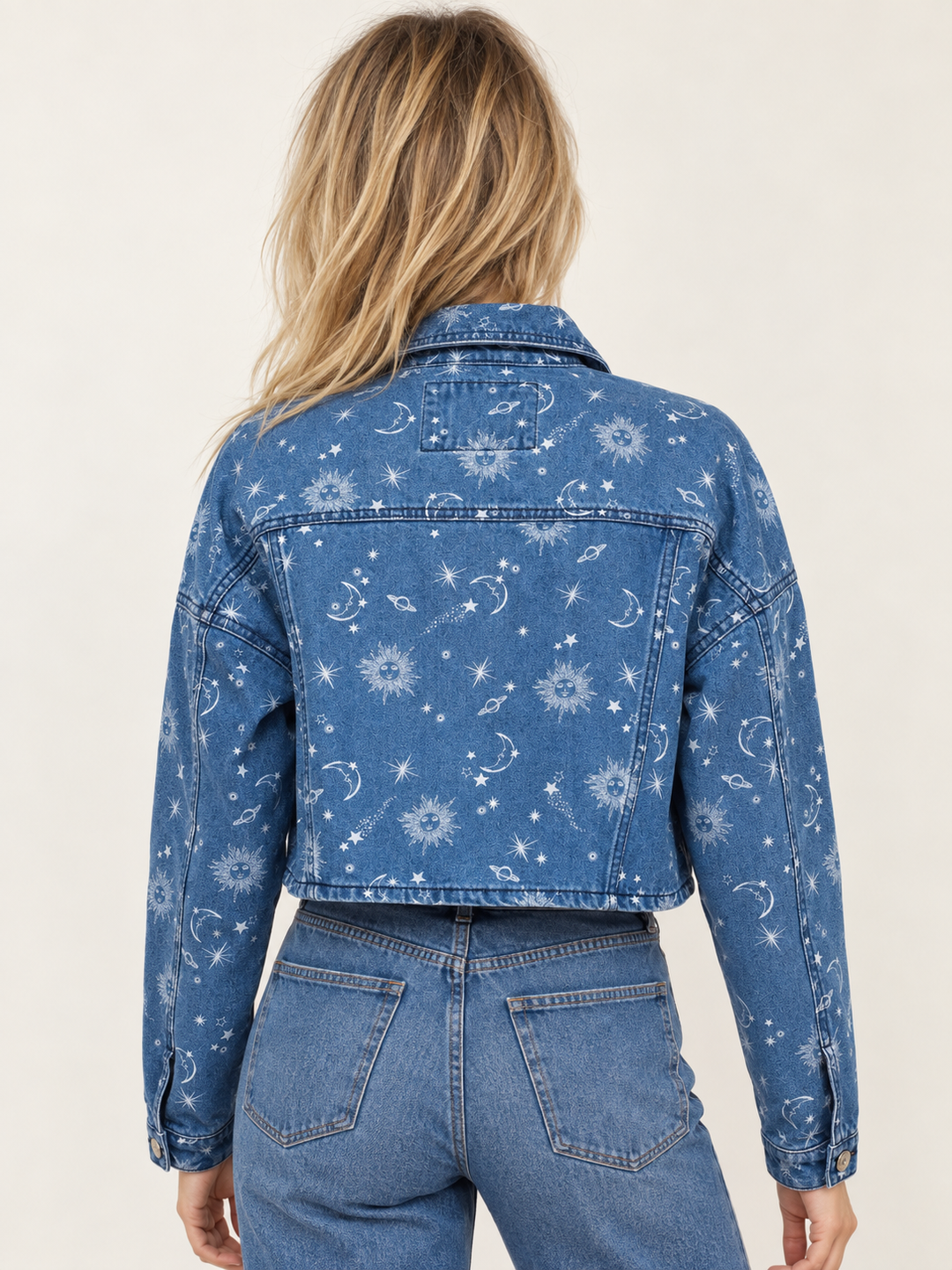 Celestial Denim Crop Jacket back view on model