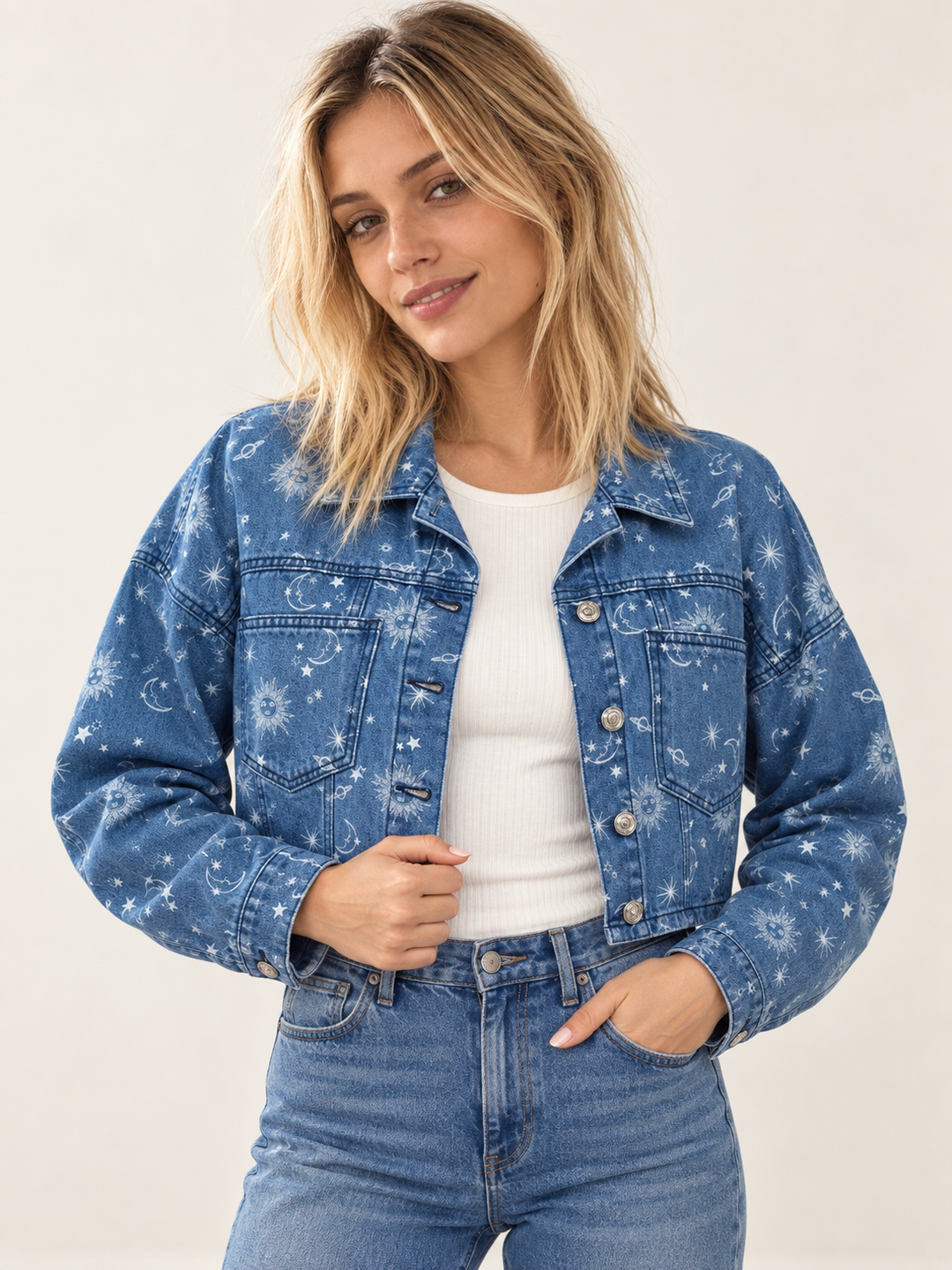 Celestial Denim Crop Jacket front view on model