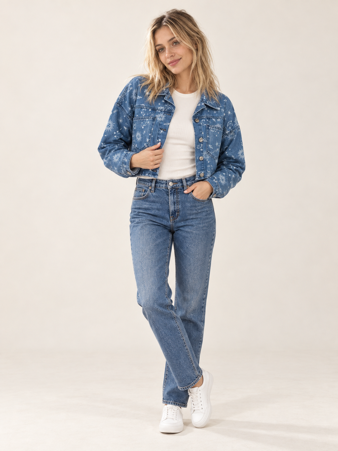 Celestial Denim Crop Jacket full-body front view on model
