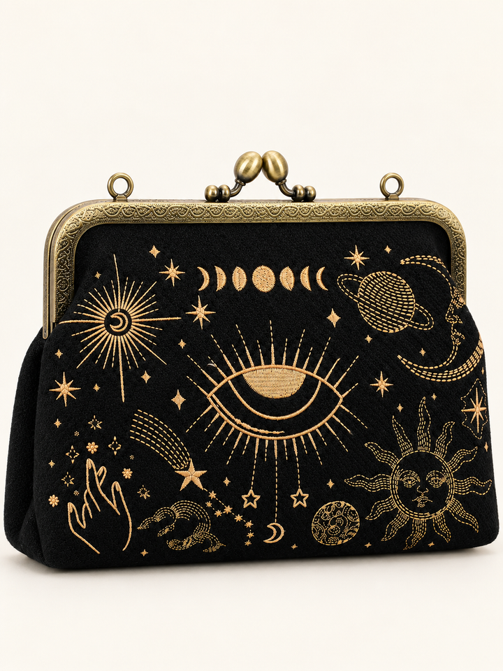 Close-up of Celestial Kisslock Bag embroidery and hardware